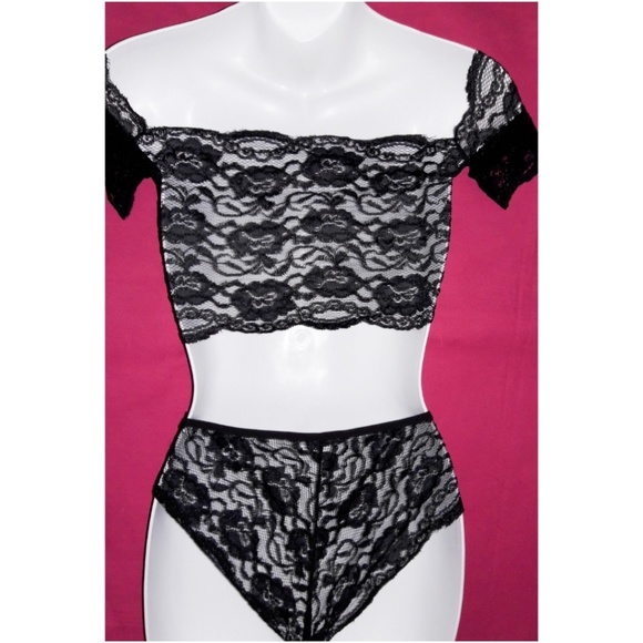 Off Shoulder Stretch Black Lace Bralette Panty Set - Picture 4 of 7